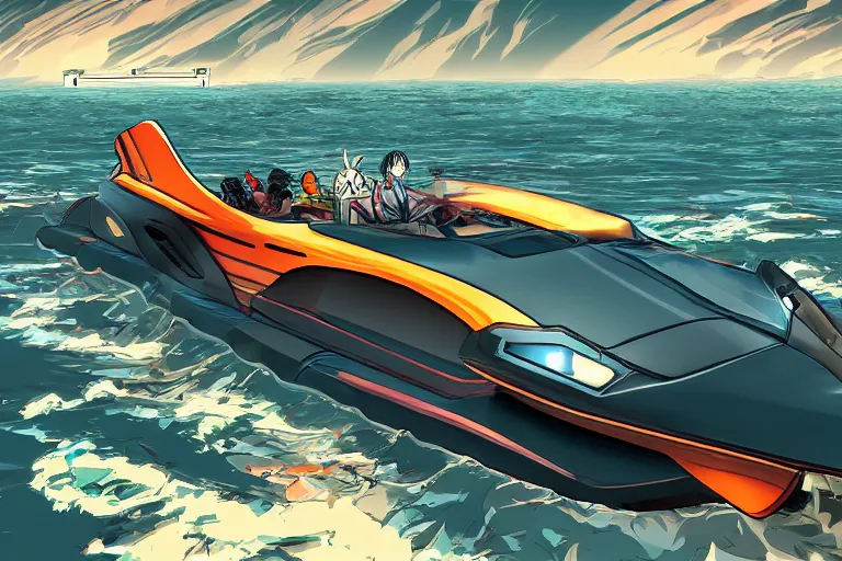 Image similar to speedboat Axopar 37 going full speed in front of shoreline city in anime cyberpunk style by Hayao Miyazaki