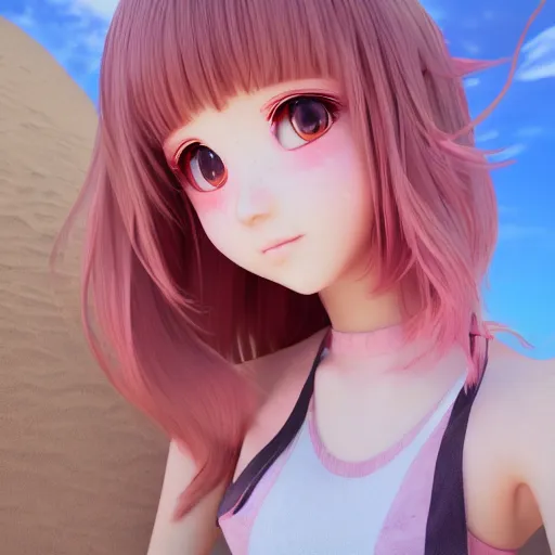 Prompt: Render of a cute 3d anime girl, long pink hair, full bangs, hazel eyes, cute freckles, full round face, soft smile, cute sundress, golden hour, serene beach setting, medium shot, mid-shot, hyperdetailed, trending on Artstation, Unreal Engine 4k