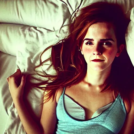 Prompt: emma watson waiting for you in bed at night while smiling shyly, messy hair bedhead, very sleepy and shy, bare shoulders, comforting, covered by little blue nighty, dim cool lighting