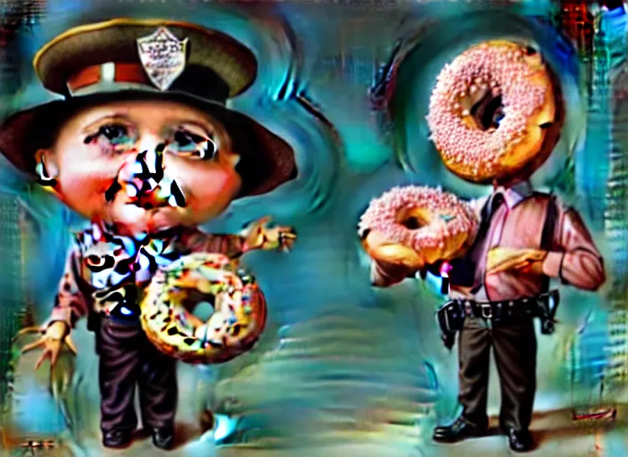Prompt: a donut cop, lowbrow, matte painting, 3 - d highly detailed, in the style of mark ryden,
