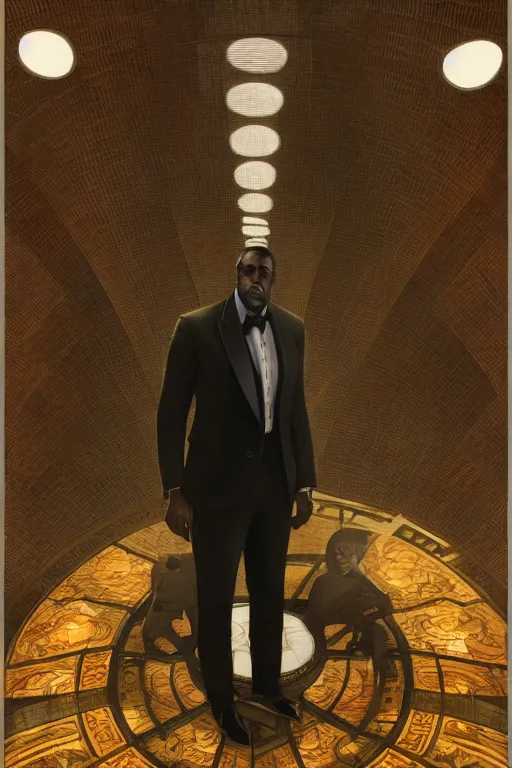 Prompt: Idris Elba in dark suit, standing in lobby of office building, dramatic backlighting, autochrome, high contrast, highly detailed, sharp focus, digital painting, concept art, illustration, filmpunk , trending on artstation, art by greg rutkowski and greg hildebrandt, composition by alphonse mucha