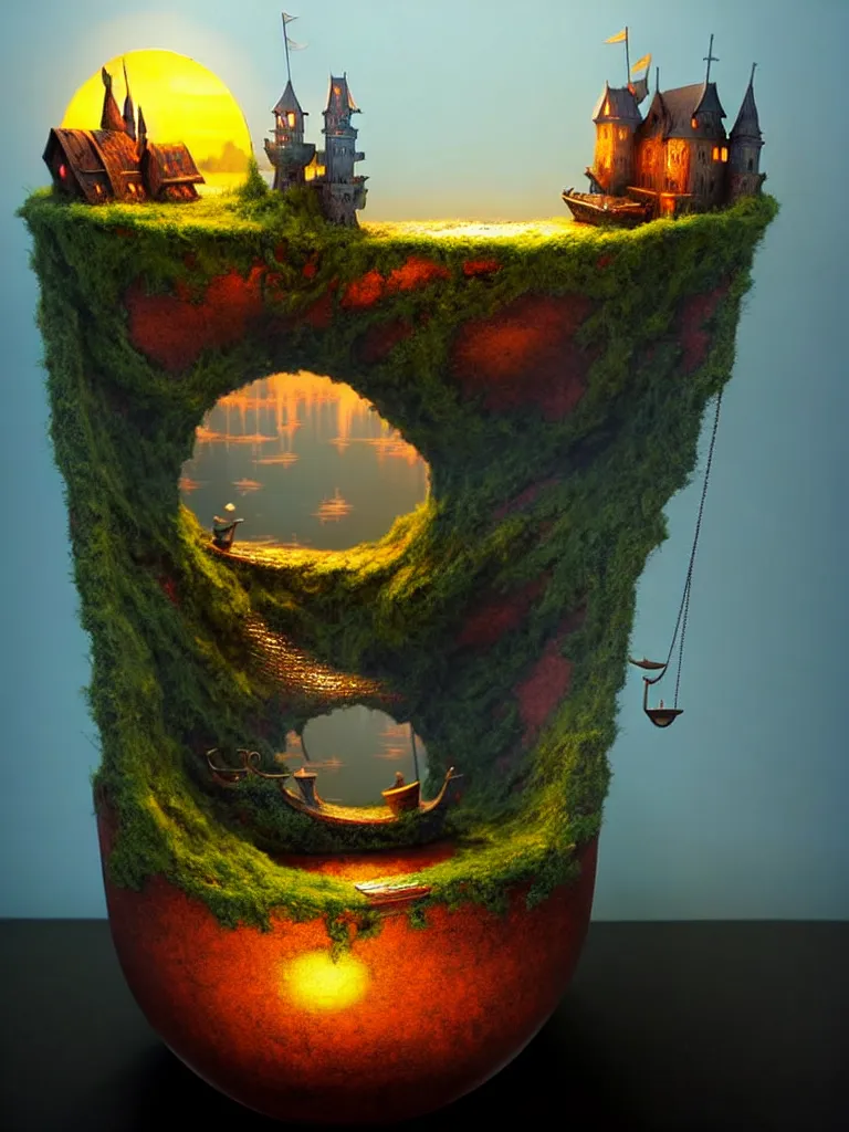 Image similar to extendable anise diorama an immense gigantic ornated iron cup with a lake inside, water in excess droping by, boats, castle, sunset, volumetric light, godrays, gediminas pranckevicius