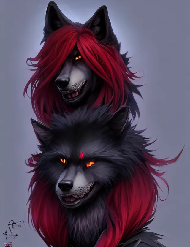 Image similar to character concept art of a black anthropomorphic male furry wolf long red hair | | cute - fine - face, pretty face, key visual, realistic shaded perfect face, fine details by stanley artgerm lau, wlop, rossdraws, james jean, andrei riabovitchev, marc simonetti, and sakimichan, trending on artstation