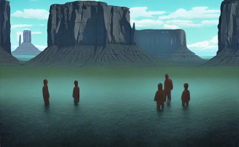 Image similar to hyperrealist painting of the guardians of peace from close encounters of the third kind ( 1 9 7 7 ) in a flooded monument valley stonehenge jungle. 1 9 7 0 s science fiction, moody, misty, depth perception, 4 k, artstation, in the style of studio ghibli