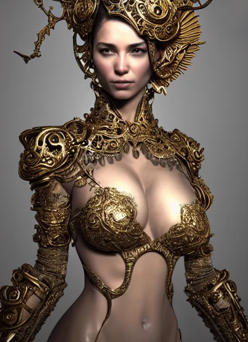 Image similar to a portrait of female in wearable sculpture art, ornate, metal works, intricate details, elegant, highly detailed, digital photography, artstation, glamor pose, concept art, smooth, sharp focus, art by artgerm and greg rutkowski, 3 d character, whole body, full body, film, photorealistic, unreal engine