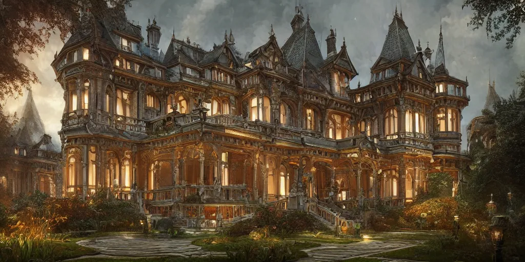 Image similar to a late Victorian mansion surrounded by beautiful gardens, view from ground level, intricate, elegant, highly detailed, ornate, beautifully lit, ray traced, octane render by Peter Mohrbacher and Peter Gric