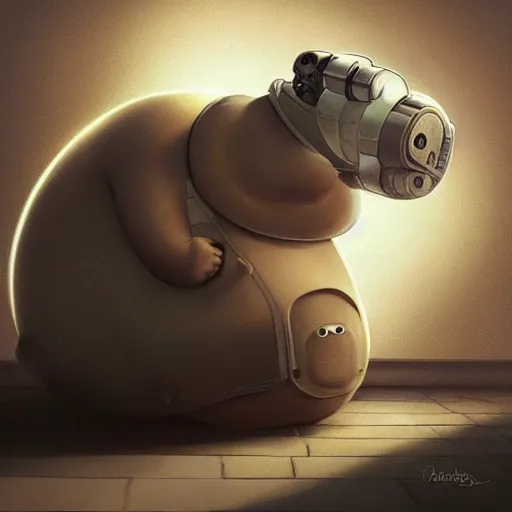 Image similar to a mechanical robot with camera lens eyes in the shape of a cute fat obese animal person bot with a round belly and digital distortion around it, intricate, highly detailed, artstation, concept art, smooth, sharp focus, art by artgerm and greg rutkowski