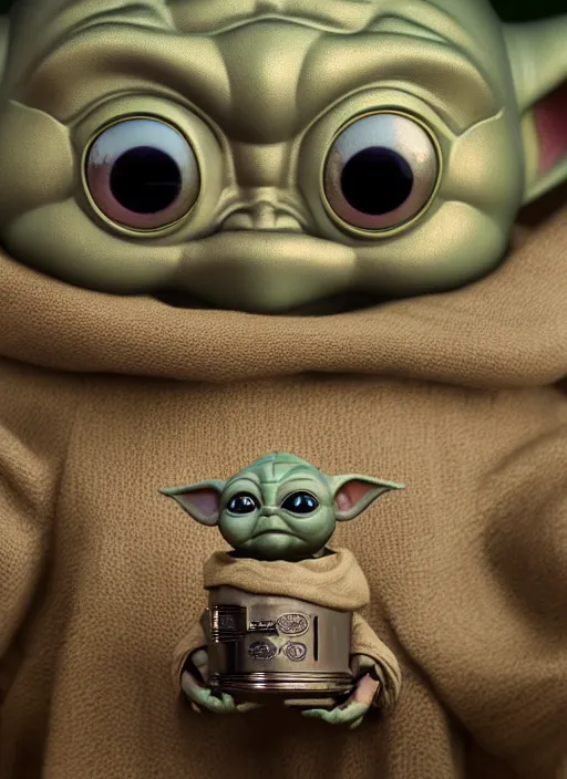 Prompt: closeup of a tin toy baby yoda, depth of field, zeiss lens, detailed, symmetrical, centered, fashion photoshoot, by nicoletta ceccoli, mark ryden, lostfish, earl nore, hyung tae, frank frazetta, breathtaking, 8 k resolution, extremely detailed, beautiful, establishing shot, artistic, hyperrealistic, octane render