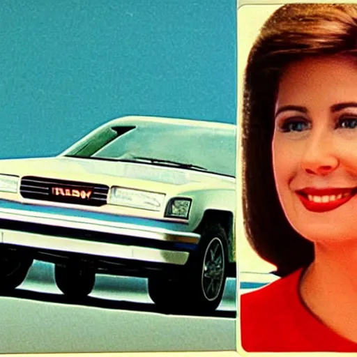 Prompt: vintage 90s VHS video still of a woman on a commercial promoting a new 90s car, realistic photo