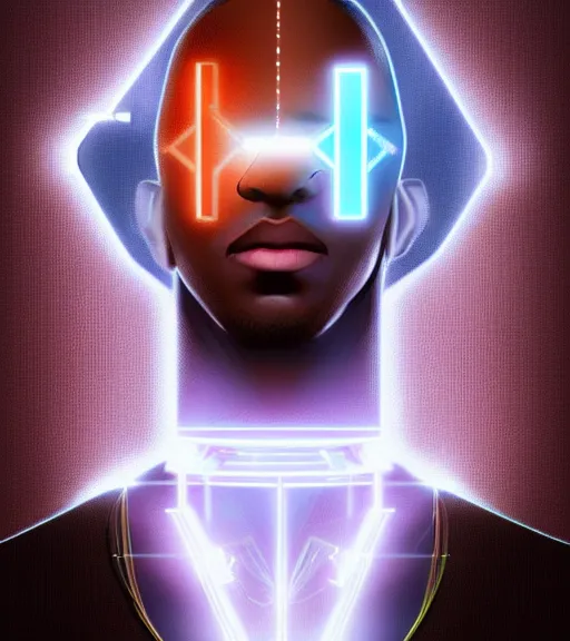 Image similar to symmetry!! egyptian prince of technology, solid cube of light, hard edges, product render retro - futuristic poster scifi, lasers and neon circuits, brown skin man egyptian prince, intricate, elegant, highly detailed, digital painting, artstation, concept art, smooth, sharp focus, illustration, dreamlike, art by artgerm