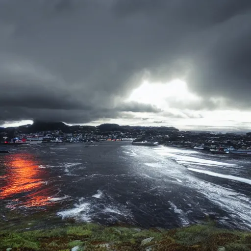 Prompt: a huge tsunami wave hits bergen, realistic, hdr, clear image, hdd, dynamic lighting, rtx on, clear image,