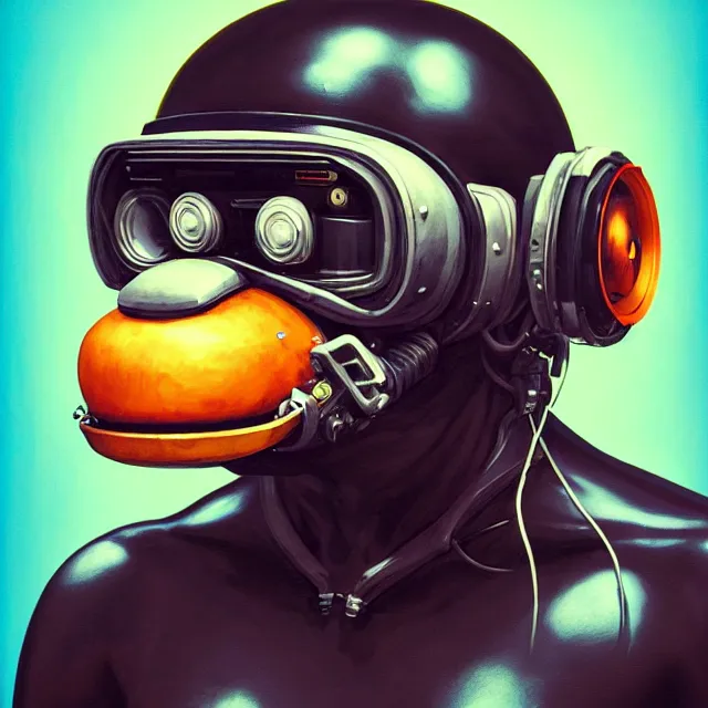 Image similar to a portrait of an anthropomorphic cyberpunk chimp in a crash helmet by sandra chevrier, detailed render, tape deck, boombox, epic composition, cybernetics, 4 k realistic, cryengine, realistic shaded lighting, sharp focus, masterpiece, by matteo scalera, gary montalbano, peter elson in the style of the tokyo ghost comic