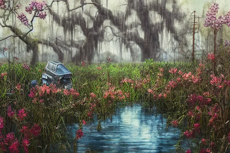 Prompt: hyperrealism oil painting, scene from louisiana swamps, spaceship sank, spring blooming flowers garden, true detective, artwork 8 0 s japanese sci - fi books art