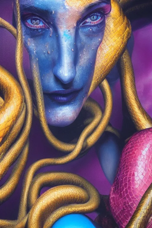 Image similar to hyperrealism oil painting, close - up portrait of face from a tangle of snakes fashion model, knight, street art gradient mixed with nebula sky, in style of baroque