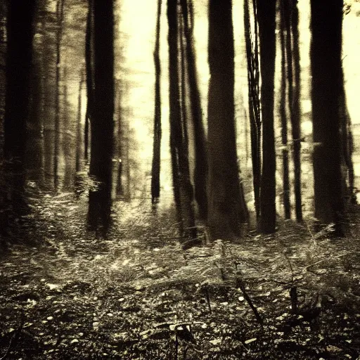 Prompt: grainy old photo of a forest. there is a grey alien in the background, blurry