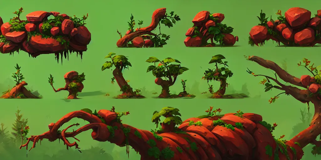 Prompt: game asset of plant and tree, in gouache detailed paintings, props, stylized, 2 d sprites, kitbash, nature, organic, ivy, arcane, prop rocks, overwatch, green, red and brown color scheme, 8 k, close up