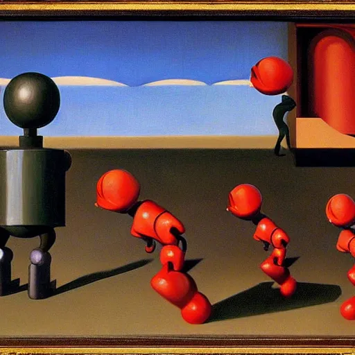 Image similar to infinite whack - a - mole with robots, grant wood, pj crook, edward hopper, oil on canvas