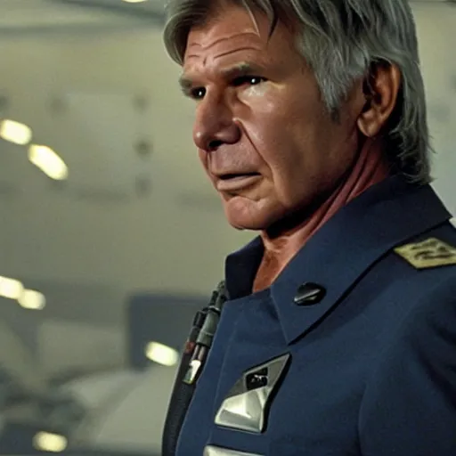 Image similar to A still of Harrison Ford as Commander Adama in Battlestar Galactica (2003) wearing a dark blue uniform, a Cylon is in the background