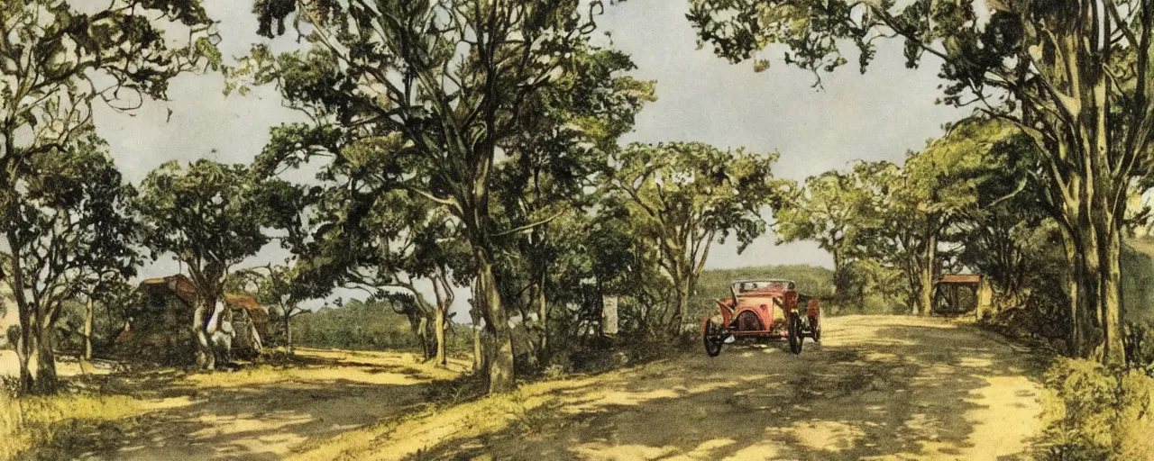 Image similar to 1920s country lane with an automobile By Charles Maurice Detmold