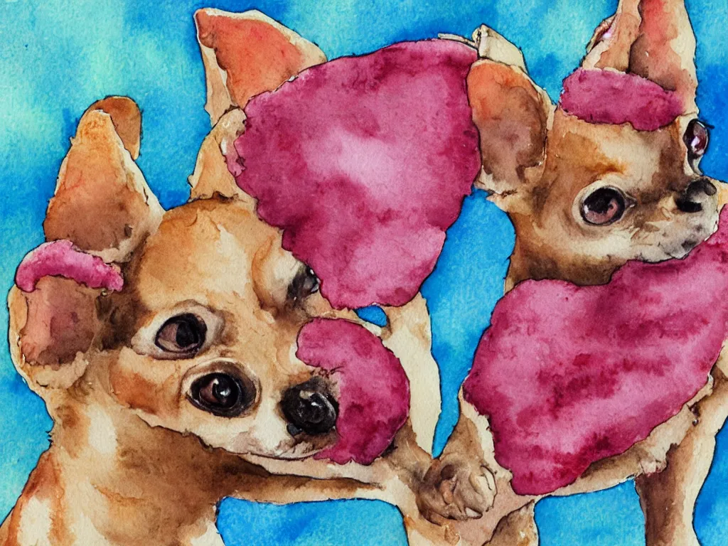 Image similar to a chihuahua dreams of meat slushie outsider art children's illustration watercolor painting