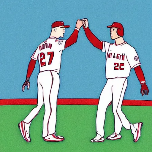 Image similar to mike trout and shohei ohtani holding hands and ascending towards the sky, drawing in the style of a new yorker cartoon