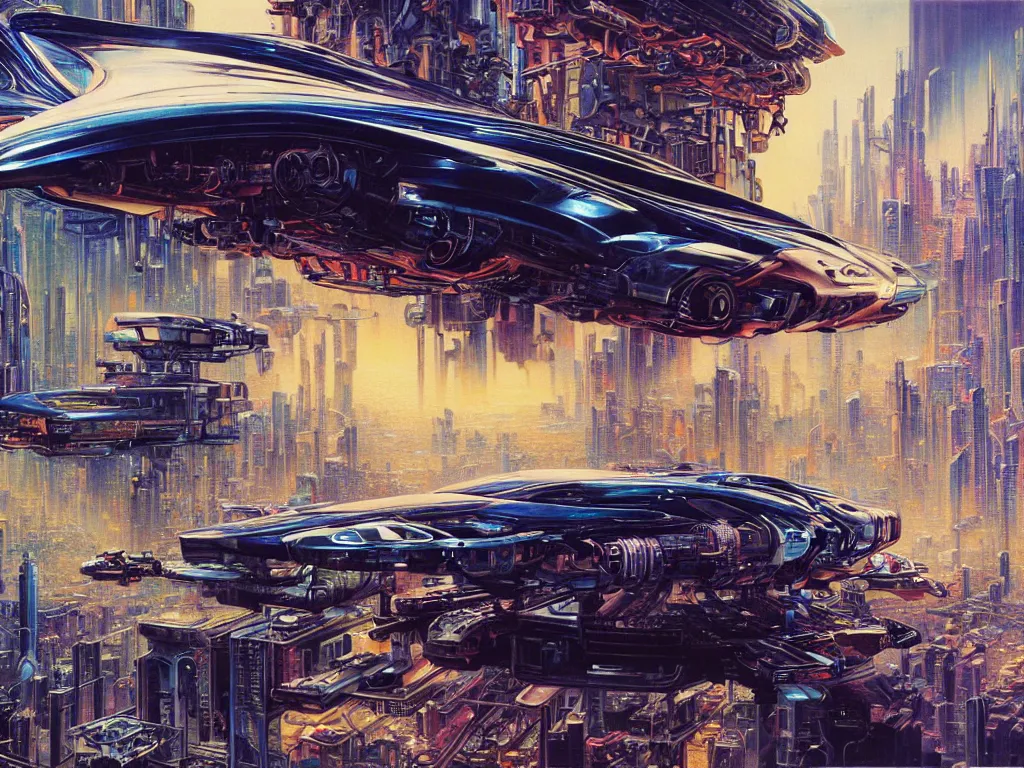 Prompt: hyperrealistic painting of a slice of life from a futuristic city, mechanical designs, futuristic vehicles, technological, detailed engineering, vivid color, elegant, meticulous, cinematic, cyberpunk style, highly detailed, realism, intricate, acrylic on canvas, 8 k resolution, concept art, by noriyoshi ohrai, gustave moreau, moebius