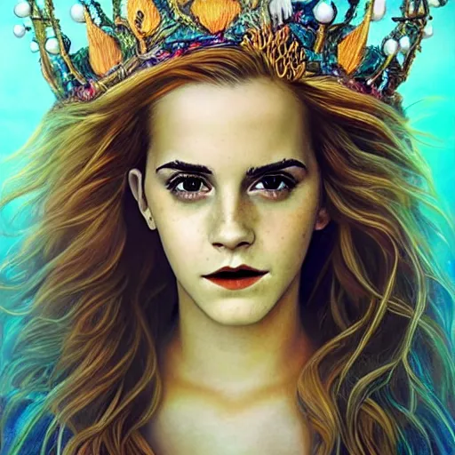 Prompt: emma watson portrait, fantasy, mermaid, hyperrealistic, game character, underwater, highly detailed, sharp focus, cinematic lighting, pearls, glowing hair, shells, gills, crown, water, highlights, starfish, jewelry, realistic, digital art, pastel, magic, fiction, ocean, king, colorful hair, sparkly eyes, fish, heroic, goddess, waves, bubbles, queen