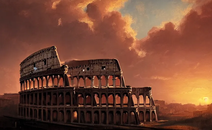 Image similar to painting of skyline of rome colloseum at sunset, natural light, concept art, by greg rutkowski, cozy atmospheric and cinematic lighting