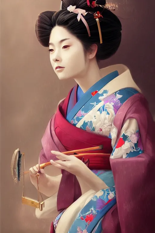 Image similar to Beautiful Geisha Portrait, character portrait art by Mandy Jurgens, 4k portrait, magical mood from japan, cgsociety