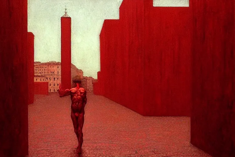 Image similar to only with red, caesar after war, a red tiger, in hoc signo vinces, rome in background, an ancient path, in the style of beksinski, part by hopper, part by rodcenko, part by hofbauer, intricate composition, red by caravaggio, insanely quality, highly detailed, masterpiece, red light, artstation