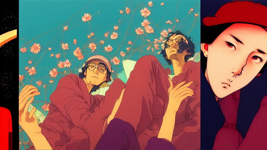 Prompt: chillhop aesthetics nature view painting by moebius and satoshi kon and dirk dzimirsky close - up portrait