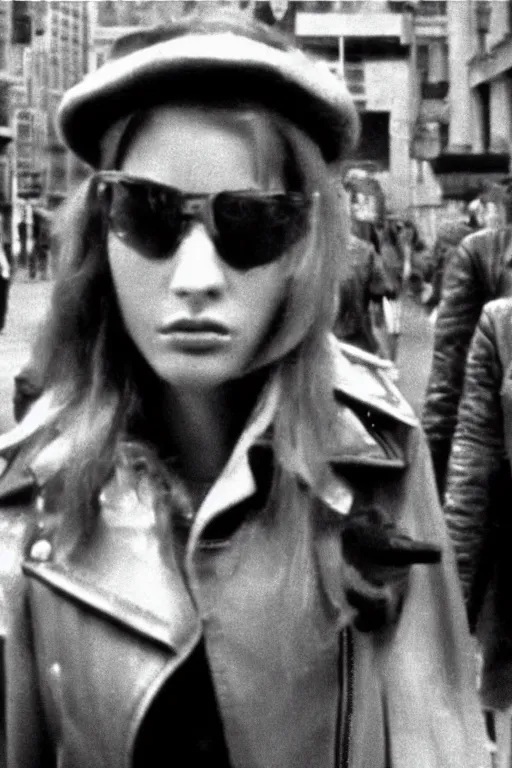 Image similar to attractive young woman, center focus, wearing leather jacket, in city street, film still from martin scorcese's taxi driver ( 1 9 7 6 )