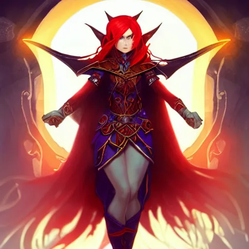 Prompt: a female elven cleric with red long hair, very good beautiful heavy scale armor, wearing a cape, casting a fire spell, dungeon background, magical, bright, colorful, fantastic lighting, amazing details, 4 k uhd, illustration by stephanie brown and mingchen shen and ilya kuvshinov, artstation, pixiv, concept art,