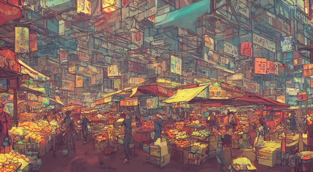 Prompt: a market in hong kong painting stylized digital illustration video game icon global illumination ray tracing neon that looks like it is from borderlands and by feng zhu and loish and laurie greasley, victo ngai, andreas rocha, john harris