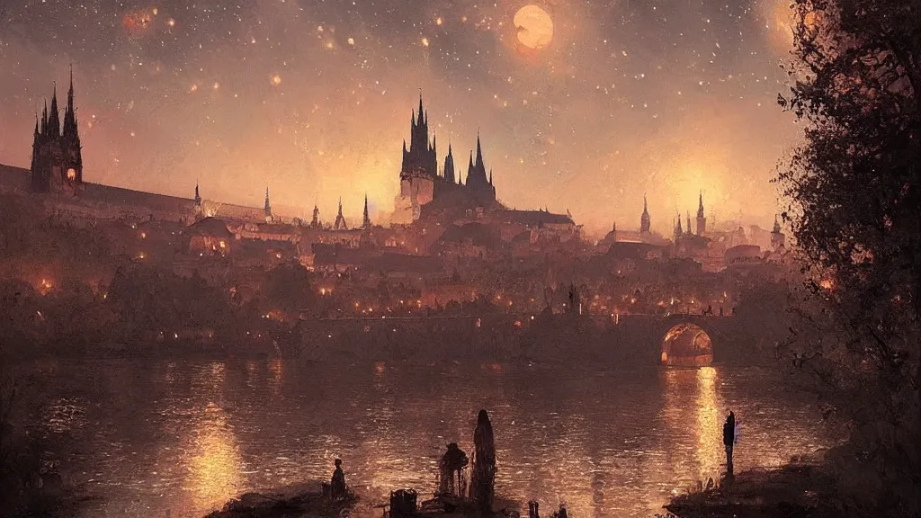 Image similar to a beautiful painting of a view from the river of a arabian prague cathedral palaces, at night with a sky full of stars, intricate, elegant, highly detailed, digital painting, artstation, concept art, by krenz cushart and artem demura and john williams waterhouse