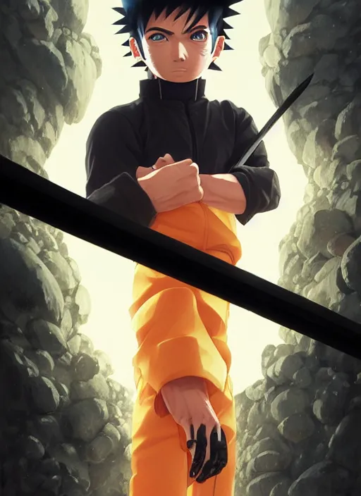 Image similar to highly detailed katana weilding naruto uzumaki with black hair, fighting with policeman art by greg rutkowski, loish, rhads, ferdinand knab, makoto shinkai and lois van baarle, ilya kuvshinov, rossdraws, tom bagshaw, global illumination, radiant light, detailed and intricate environment