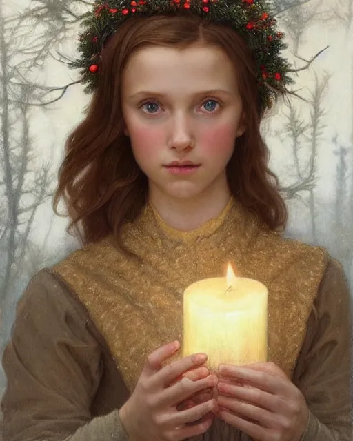 Image similar to a realistic candlelit portrait painting of a thoughtful girl resembling a young, shy, redheaded alicia vikander or millie bobby brown wearing a christmas wreath in her hair and peasant dress carrying a candle in a deep snow - covered forest at night, highly detailed, intricate, concept art, artstation, by donato giancola, alphonse mucha, and william bouguereau