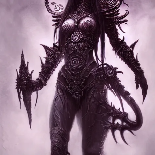 Image similar to a highly detailed Long shot photo of chthonic warcraft Draka female character by Ayami Kojima, Beksinski, Giger,intricate, digital painting, artstation, intricate, concept art, smooth, sharp focus, illustration