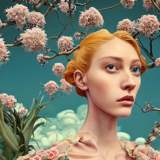 Prompt: pretty model with botanical and clouds : : by martine johanna and simon stalenhag and chie yoshii and casey weldon and wlop : : ornate, dynamic, particulate, rich colors, intricate, elegant, highly detailed, vogue, harper's bazaar art, fashion magazine, smooth, sharp focus, 8 k, octane render