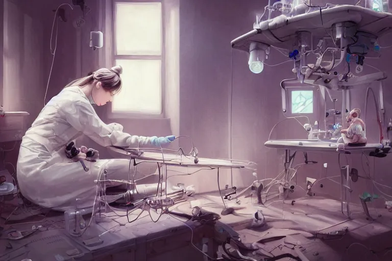 Image similar to hyperrealistic photography of a female scientist constructing a birth machine in the style of Jin Kagetsu, James Jean and wlop, highly detailed, masterpiece, award-winning, sharp focus, intricate concept art, digital painting, ambient lighting, 4k, artstation