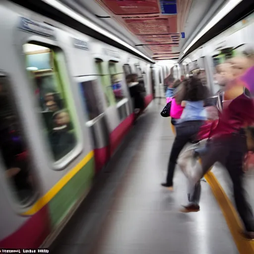 Prompt: of an octopus invading a interior of a subway train in new york, people are running away scared, shutter speed is 8 0,