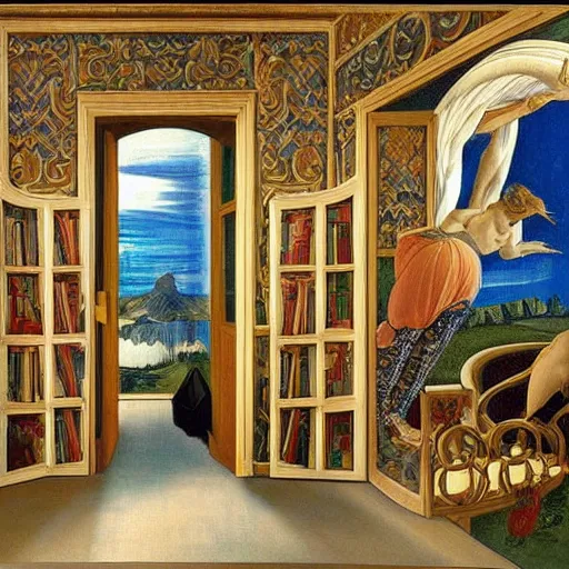 Image similar to giant mansion room 4 stories tall with balconies and windows, walls filled with modern art paintings, doors that are cosmic portals, painting by Botticelli