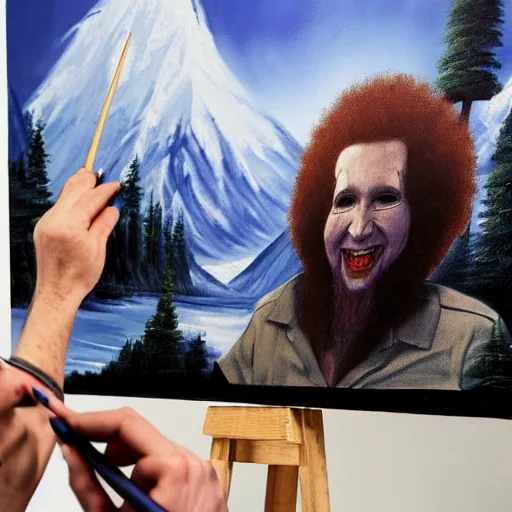 Image similar to a closeup photorealistic photograph of bob ross working on a canvas painting of marilyn manson. happy trees, mountain scape. film still. brightly lit scene. this 4 k hd image is trending on artstation, featured on behance, well - rendered, extra crisp, features intricate detail, epic composition and the style of unreal engine.