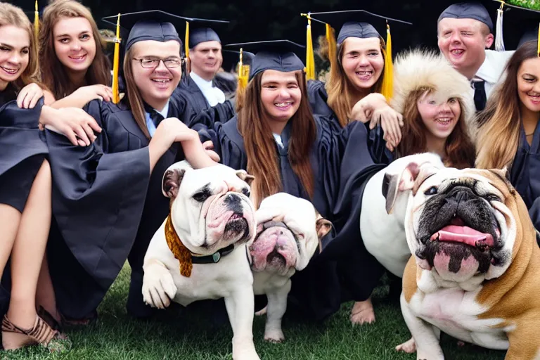 Image similar to a crowd of high school graduates petting an english bulldog wearing a crown