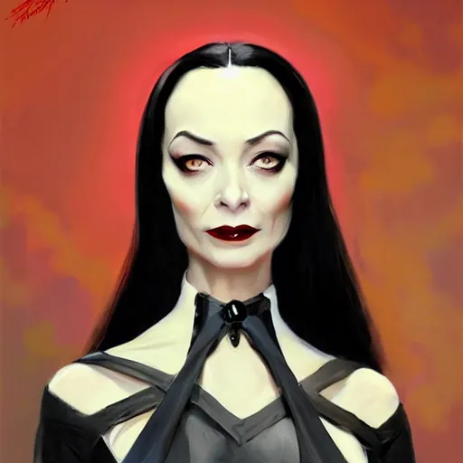 Image similar to greg manchess portrait painting of morticia from addams family as overwatch character, medium shot, asymmetrical, profile picture, organic painting, sunny day, matte painting, bold shapes, hard edges, street art, trending on artstation, by huang guangjian and gil elvgren and brom