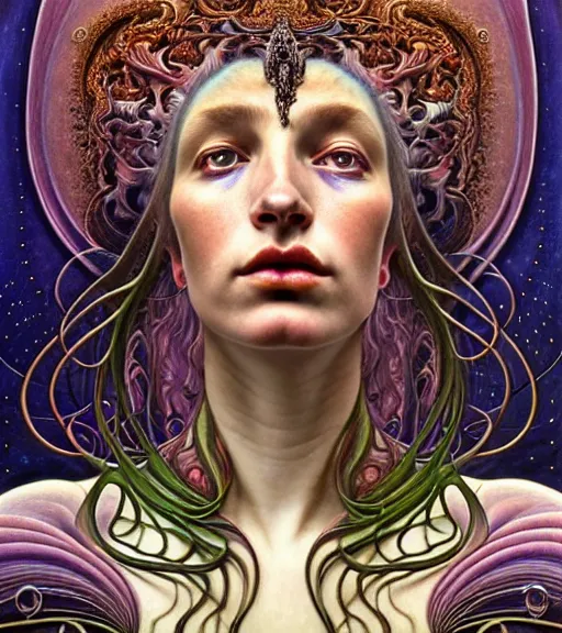 Image similar to detailed realistic beautiful young groovypunk queen of andromeda galaxy in full regal attire. face portrait. art nouveau, symbolist, visionary, baroque, giant fractal details. horizontal symmetry by zdzisław beksinski, iris van herpen, raymond swanland and alphonse mucha. highly detailed, hyper - real, beautiful