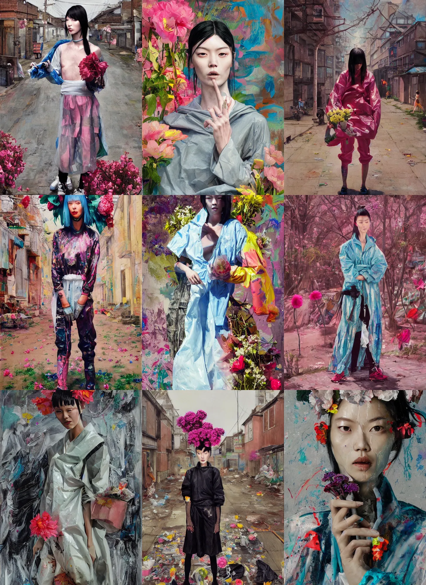 Prompt: still from music video of liu wen from die antwoord standing in a township street, wearing a trashbag garbage bag and flowers, street fashion, full figure portrait painting by martine johanna, ilya kuvshinov, rossdraws, pastel color palette, detailed impasto brushwork, impressionistic