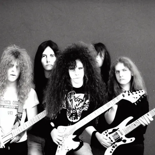 Image similar to Group of 19-year-old women holding electric guitars, long shaggy hair, permed hair, doom metal, punk rock, SST, band promo photo, 1987 photograph