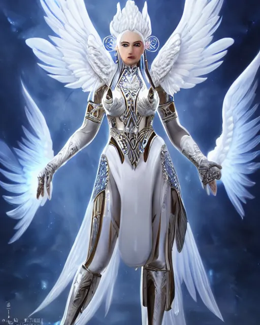 Image similar to perfect ornate white haired attractive egyptian goddess with huge white dove wings, warframe armor, beautiful, symmetric, dreamy, half asian, pretty face, blue eyes, detailed, scifi platform, laboratory, experiment, 4 k, ultra realistic, epic lighting, android body, illuminated, cinematic, masterpiece, art by akihito tsukushi, voidstar