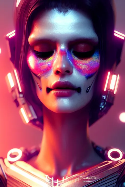 Prompt: beautiful android woman, eyes closed, photorealistic cinematic, 3 d model, cyborg, postcyberpunk, blade runner, octane render, global illumination, concept art, vogue, 8 k, intricate detailed environment ( el dia los muertos ). by terry oneill and artgerm and kuciara and mucha